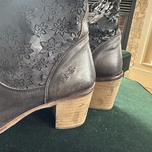 Black Leather Ankle Booties with floral leather lace and distressed fini…